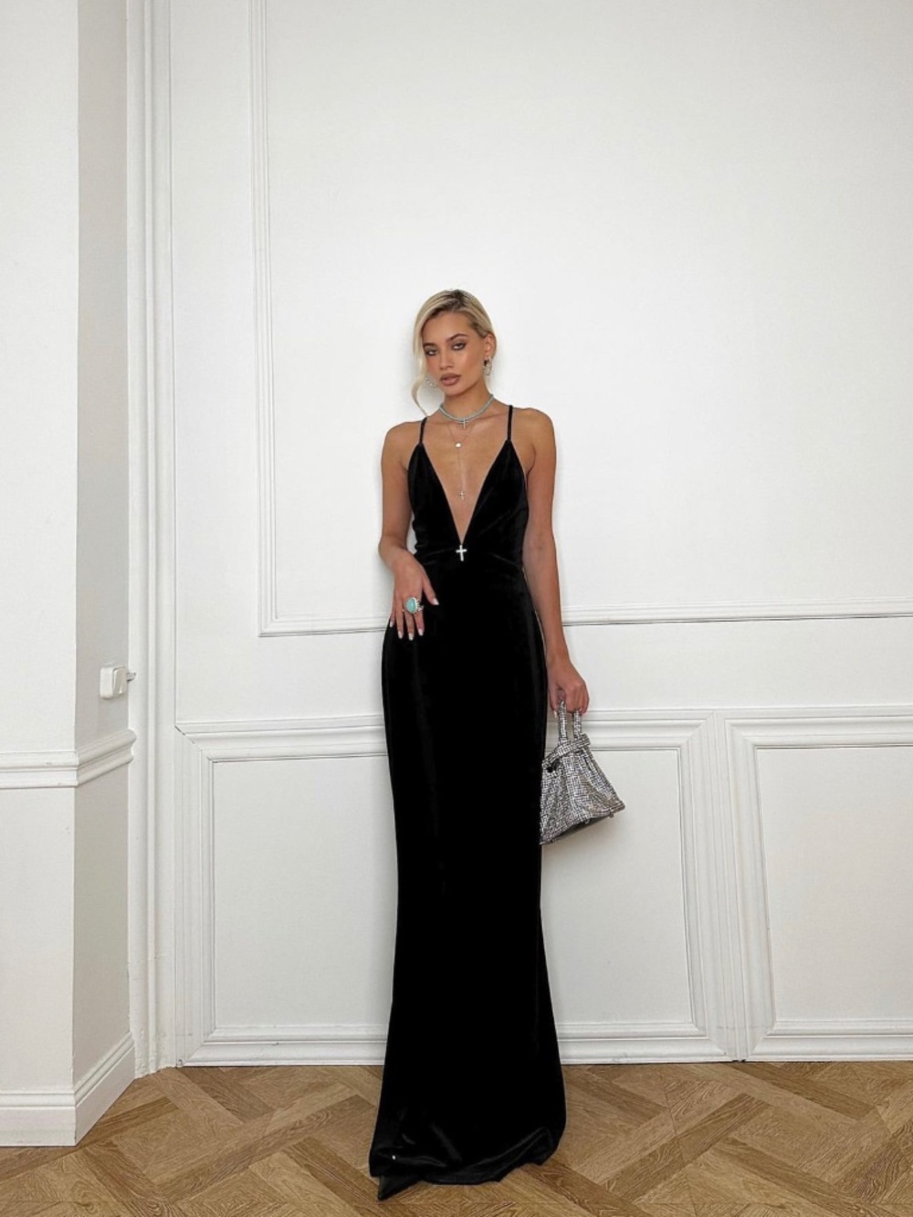 Black Velvet Maxi Dress with Deep Plunge Neckline